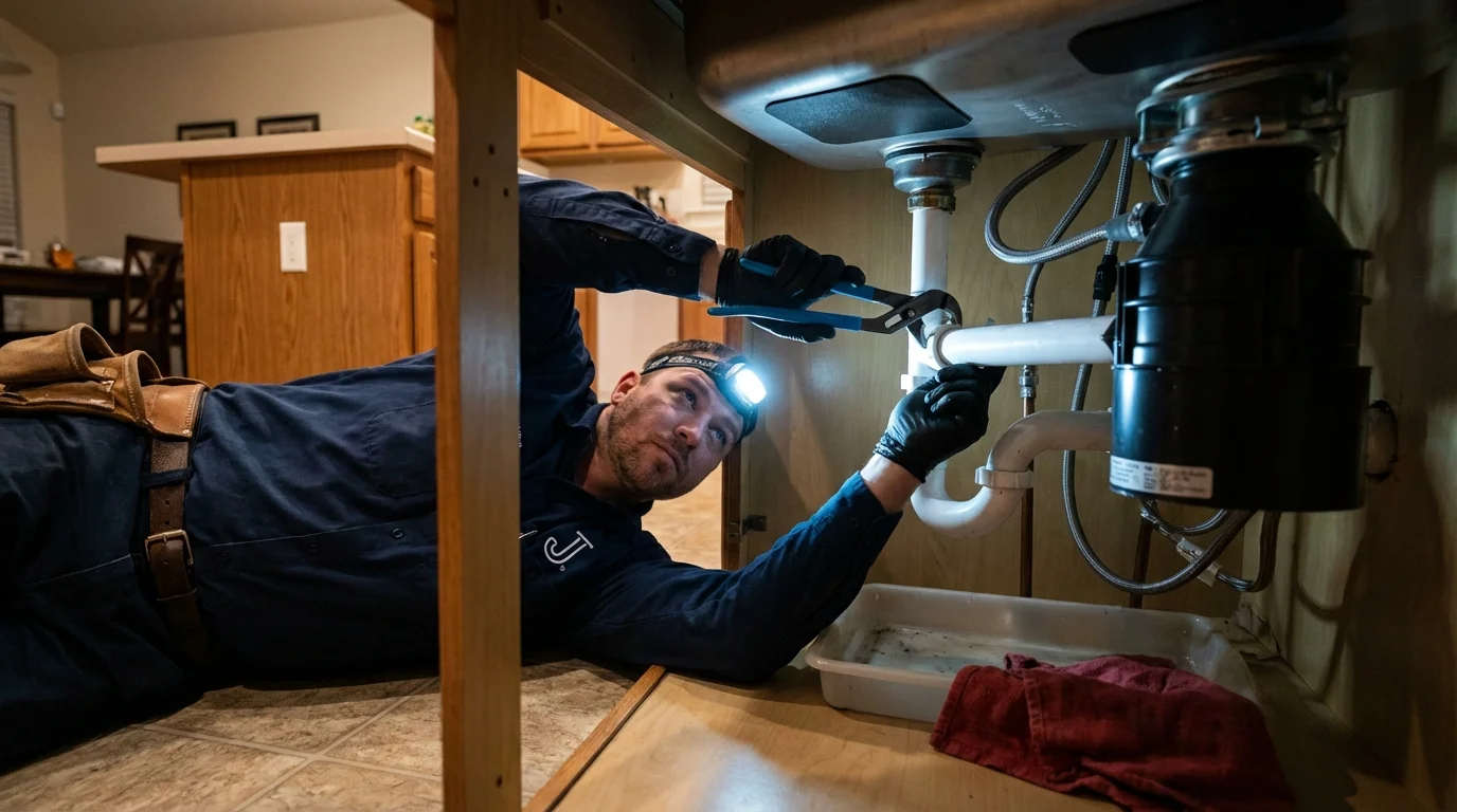 P-trap and supply line connections under a kitchen sink showing a common leak point in Franklin, NC